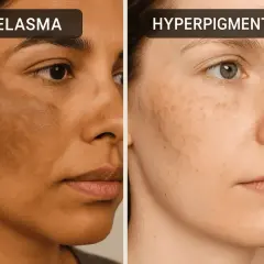 Porównanie: melasma to ciemne plamy na twarzy, a hiperpigmentacja to drobne przebarwienia.