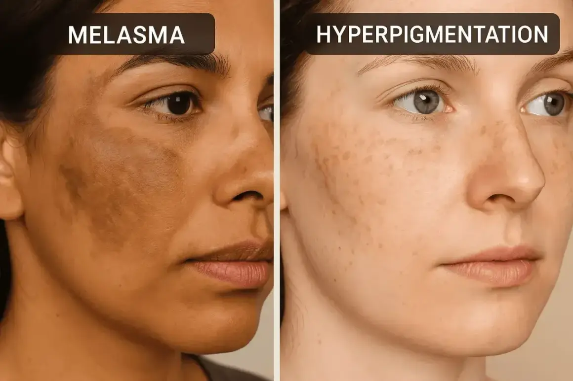 Porównanie: melasma to ciemne plamy na twarzy, a hiperpigmentacja to drobne przebarwienia.